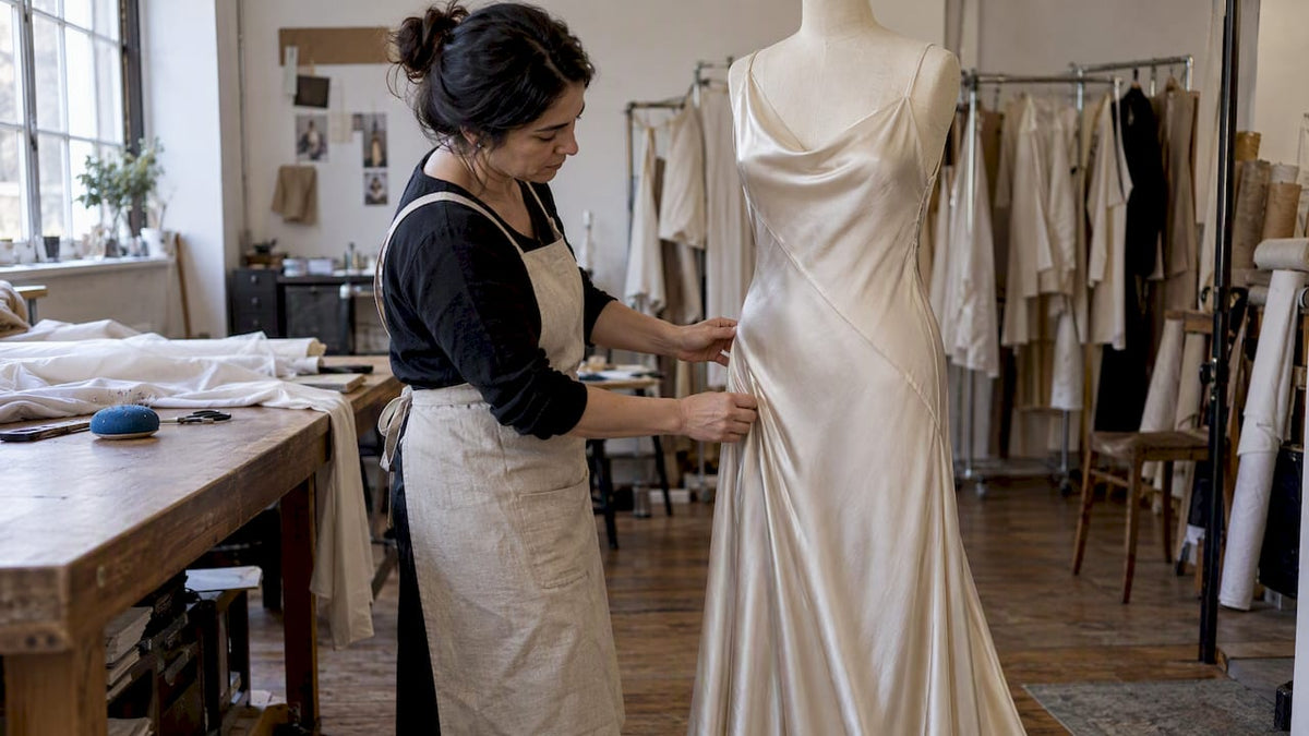 Dressmaker examining a bias-cut silk dress