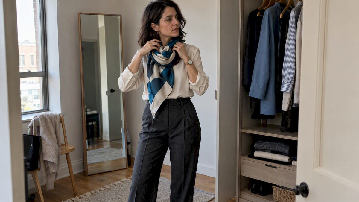 Woman styling a statement scarf with minimal accessories